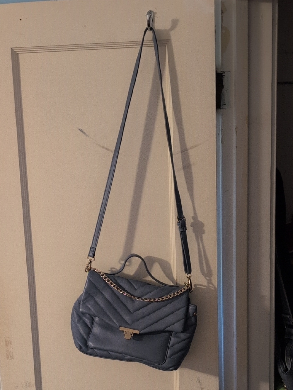 Blue Quilted Shoulder Bag with Chain Accent